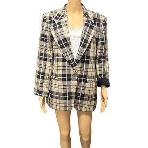Jones NY Petite Black & Tan Jacket Blazer with Pockets Lined Linen Blend Size 14